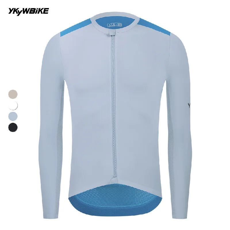 Road bike liner-YKYW 2025 Men's Long Sleeve Cycling Jersey Spring Summer Breathable Pro Team Bicycle Tops YKK Zipper Multiple Color Combinations Grayblue