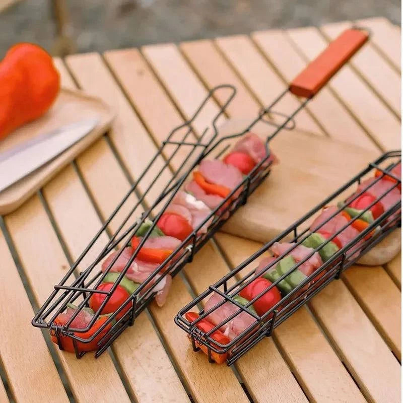 Bike chain pad-Outdoor Wooden Handle Barbecue Cage Camping Meat and Vegetable Barbecue Net Rack Picnic Barbecue Tools