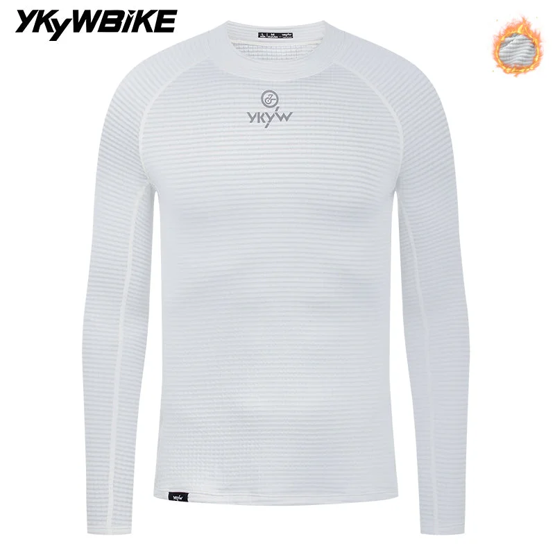 Bike wheel pad-YKYW 2025 Men's Thermal Fleece Long Sleeve Base Layer Winter Warmth Bicycle Jersey Pro Bike Clothing White Tops