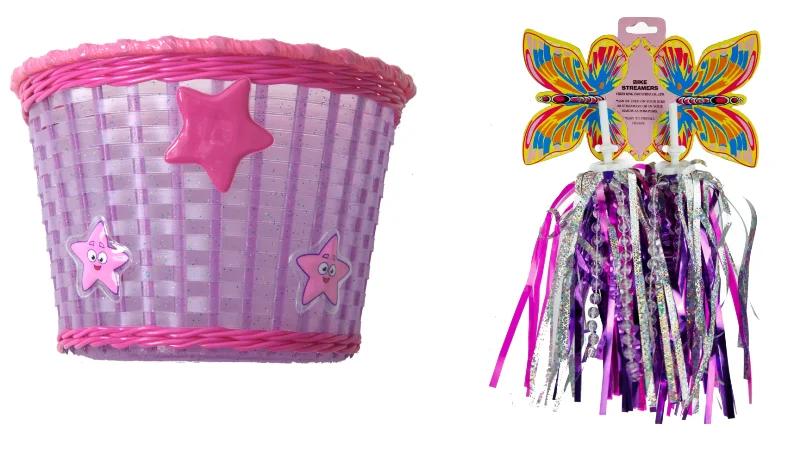 Cycling water jug-Child's - Kids Pink Glitter Stars Front Shopping Bike - Bicycle Basket