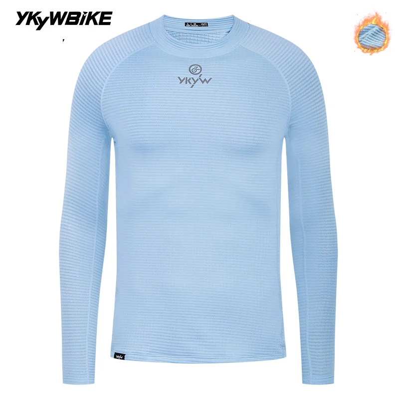 Cycling wrist strap-YKYW Comfortable Men's Cycling Fleece Base Layer Winter 2025 Thermal Warmth Bicycle Tops Pro Bike Clothing Cycling Jersey Light Blue